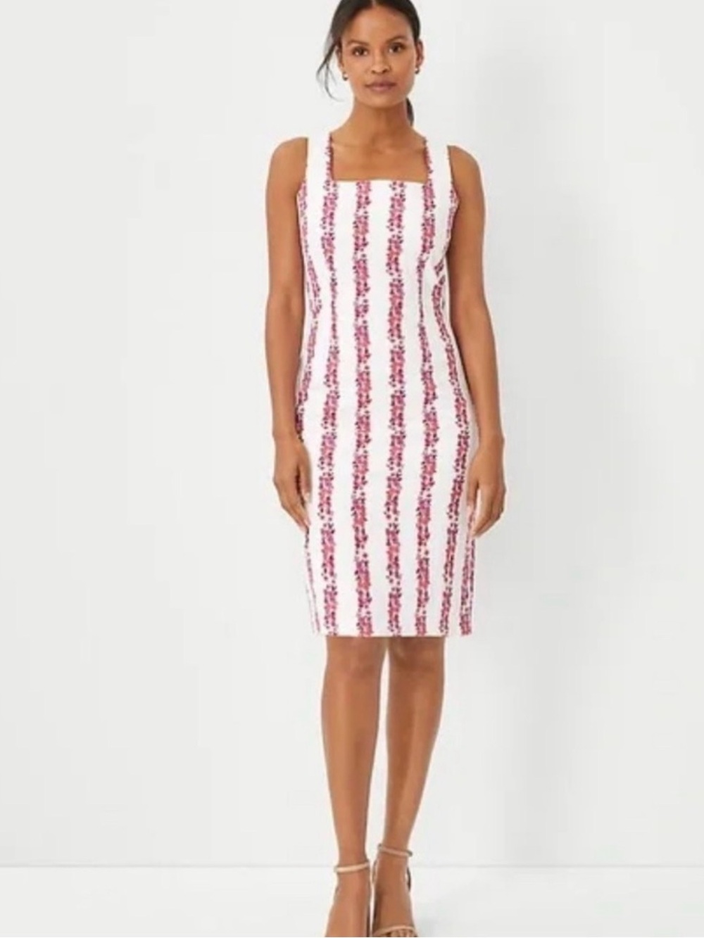 Ann Taylor Floral Stripe Sheath Dress White Pink Cotton Wedding Guest Size 2